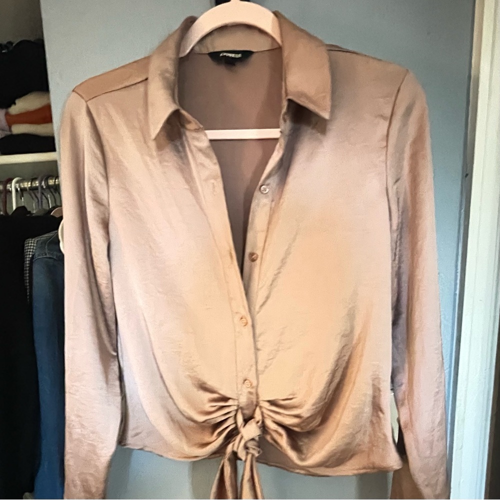 Express Satin blush pink  Button Down Tie Front Shirt